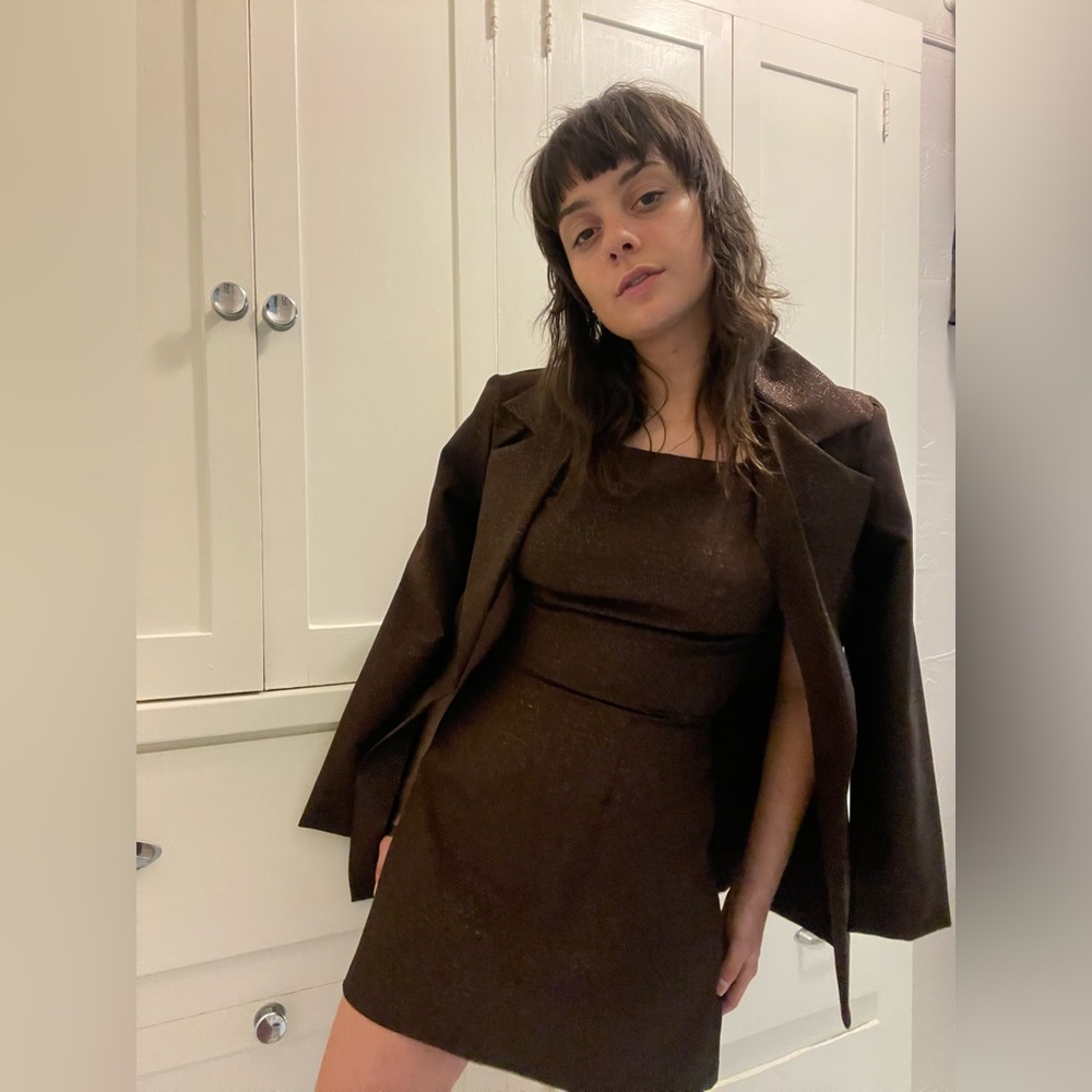 Vintage 90s brown bias cut matching two piece suit set mini dress B’Time